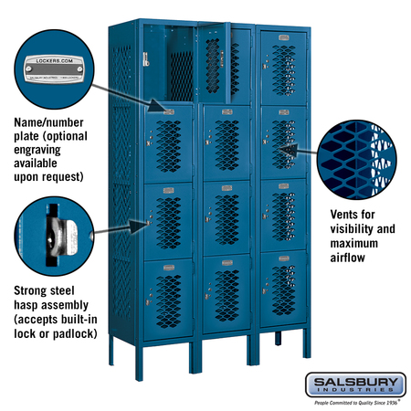 Salsbury Industries 4 Tier Vented Locker, 36"Wx66"Hx12"D, 12 Door, Blue, Unassembled 74352BL-U